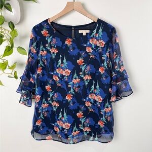 Creative Commune Anthropologie Floral Blouse Large Blue Sheer Ruffle Sleeve Boho